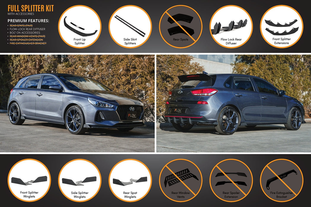 i30 Hatch PD1, PD2 2018-2020 Full Lip Splitter Set with Flow-Lock Rear Diffuser