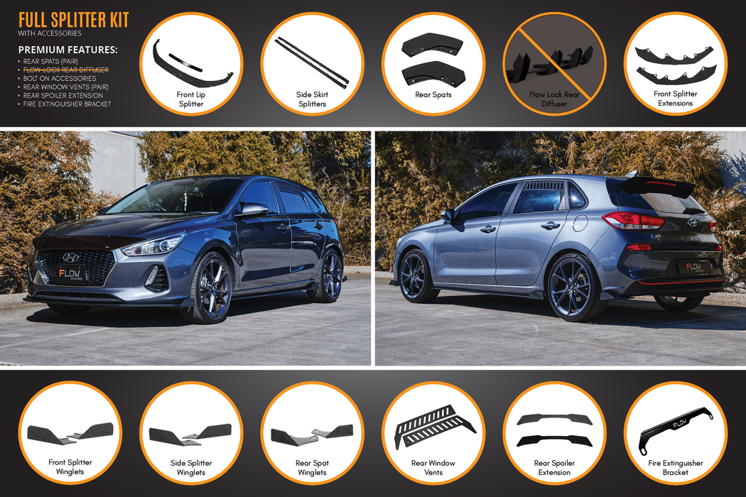 i30 Hatch PD1, PD2 2018-2020 Full Lip Splitter Set with Rear Spats (Pair)